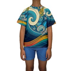 Waves Wave Ocean Sea Abstract Whimsical Abstract Art Kids  Short Sleeve Swimwear