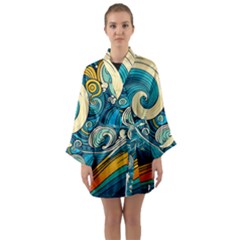 Waves Wave Ocean Sea Abstract Whimsical Abstract Art Long Sleeve Satin Kimono