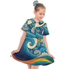 Waves Wave Ocean Sea Abstract Whimsical Abstract Art Kids  Short Sleeve Shirt Dress by Cowasu