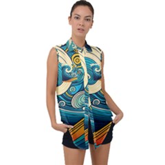 Waves Wave Ocean Sea Abstract Whimsical Abstract Art Sleeveless Chiffon Button Shirt