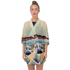 Wave Japanese Mount Fuji Woodblock Print Ocean Half Sleeve Chiffon Kimono by Cowasu