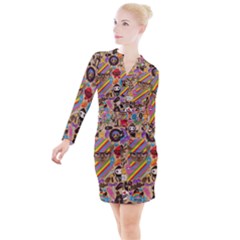 Multicolored Doodle Art Wallpaper Button Long Sleeve Dress