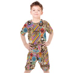 Multicolored Doodle Art Wallpaper Kids  Tee And Shorts Set