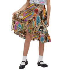 Multicolored Doodle Art Wallpaper Kids  Ruffle Flared Wrap Midi Skirt