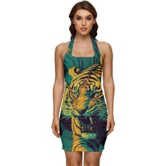 Tiger Sleeveless Wide Square Neckline Ruched Bodycon Dress