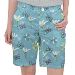 Butterfly Flower Blue Background Women s Pocket Shorts by danenraven