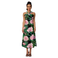 Flower Roses Pattern Floral Nature Sleeveless Cross Front Cocktail Midi Chiffon Dress