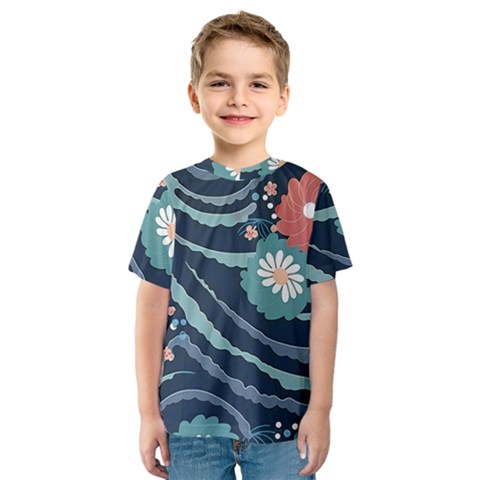 Waves Flowers Pattern Water Floral Minimalist Kids  Sport Mesh Tee by danenraven