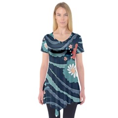 Waves Flowers Pattern Water Floral Minimalist Short Sleeve Tunic 