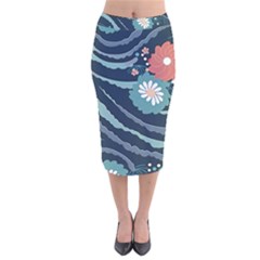 Waves Flowers Pattern Water Floral Minimalist Velvet Midi Pencil Skirt by danenraven