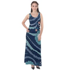 Waves Flowers Pattern Water Floral Minimalist Sleeveless Velour Maxi Dress