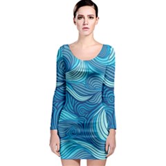 Ocean Waves Sea Abstract Pattern Water Blue Long Sleeve Bodycon Dress