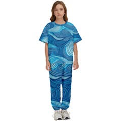 Ocean Waves Sea Abstract Pattern Water Blue Kids  Tee And Pants Sports Set by danenraven