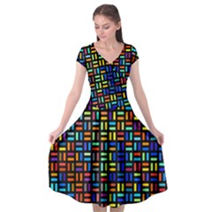 Geometric Colorful Square Rectangle Cap Sleeve Wrap Front Dress