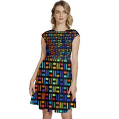 Geometric Colorful Square Rectangle Cap Sleeve High Waist Dress