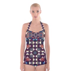 Symmetry Geometric Pattern Texture Boyleg Halter Swimsuit 