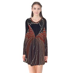 Red Gold Black Voracious Plant Leaf Long Sleeve V-neck Flare Dress