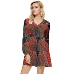 Red Gold Black Voracious Plant Leaf Tiered Long Sleeve Mini Dress