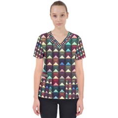 Diamond Geometric Square Design Pattern Women s V-neck Scrub Top