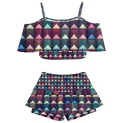 Diamond Geometric Square Design Pattern Kids  Off Shoulder Skirt Bikini