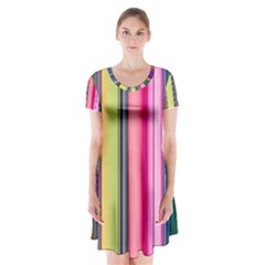 Pastel Colors Striped Pattern Short Sleeve V-neck Flare Dress