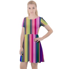 Pastel Colors Striped Pattern Cap Sleeve Velour Dress 