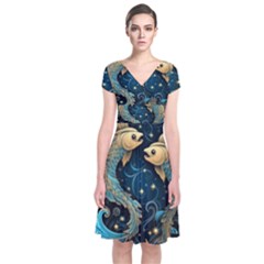 Fish Star Sign Short Sleeve Front Wrap Dress