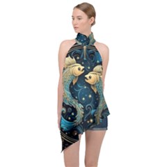 Fish Star Sign Halter Asymmetric Satin Top