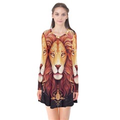 Lion Star Sign Astrology Horoscope Long Sleeve V-neck Flare Dress