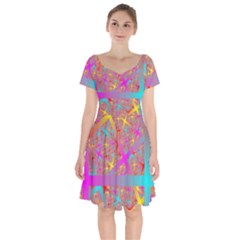 Geometric Abstract Colorful Short Sleeve Bardot Dress