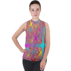 Geometric Abstract Colorful Mock Neck Chiffon Sleeveless Top by Bangk1t