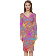 Geometric Abstract Colorful Long Sleeve V-neck Bodycon Dress 