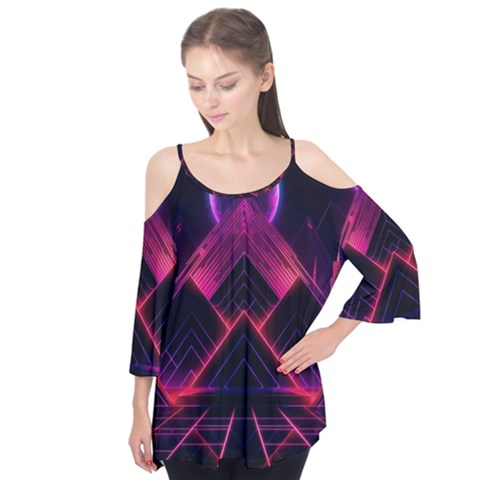 Synthwave City Retrowave Wave Flutter Sleeve Tee  by Bangk1t