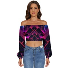 Synthwave City Retrowave Wave Long Sleeve Crinkled Weave Crop Top by Bangk1t