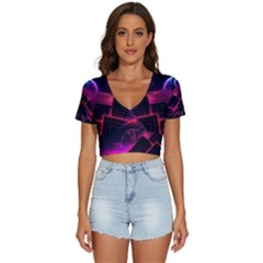 Synthwave City Retrowave Wave V-neck Crop Top by Bangk1t