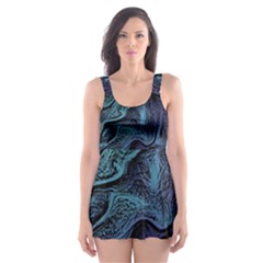 Abstract Blue Wave Texture Patten Skater Dress Swimsuit by Bangk1t