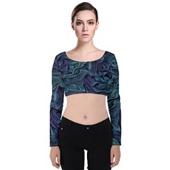 Abstract Blue Wave Texture Patten Velvet Long Sleeve Crop Top by Bangk1t