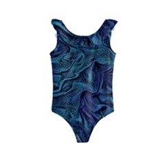 Abstract Blue Wave Texture Patten Kids  Frill Swimsuit