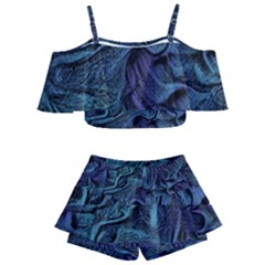 Abstract Blue Wave Texture Patten Kids  Off Shoulder Skirt Bikini