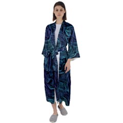 Abstract Blue Wave Texture Patten Maxi Satin Kimono