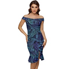 Abstract Blue Wave Texture Patten Off Shoulder Ruffle Split Hem Bodycon Dress by Bangk1t