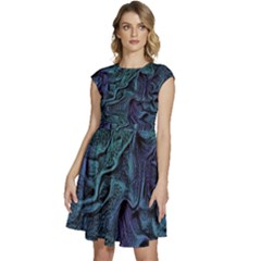 Abstract Blue Wave Texture Patten Cap Sleeve High Waist Dress by Bangk1t