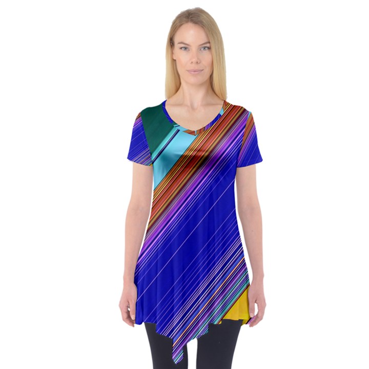 Color Lines Slanting Green Blue Short Sleeve Tunic 