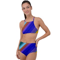 Color Lines Slanting Green Blue High Waist Tankini Set