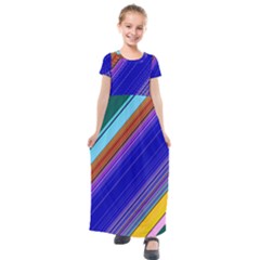 Color Lines Slanting Green Blue Kids  Short Sleeve Maxi Dress