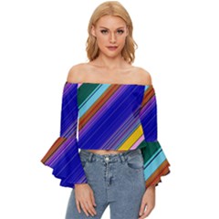 Color Lines Slanting Green Blue Off Shoulder Flutter Bell Sleeve Top