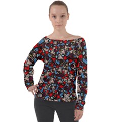 Harmonious Chaos Vibrant Abstract Design Off Shoulder Long Sleeve Velour Top by dflcprintsclothing