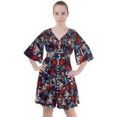 Harmonious Chaos Vibrant Abstract Design Boho Button Up Dress by dflcprintsclothing