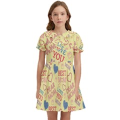 Love Mom Happy Mothers Day I Love Mom Graphic Pattern Kids  Bow Tie Puff Sleeve Dress by Ravend