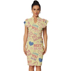 Love Mom Happy Mothers Day I Love Mom Graphic Pattern Vintage Frill Sleeve V-neck Bodycon Dress by Ravend